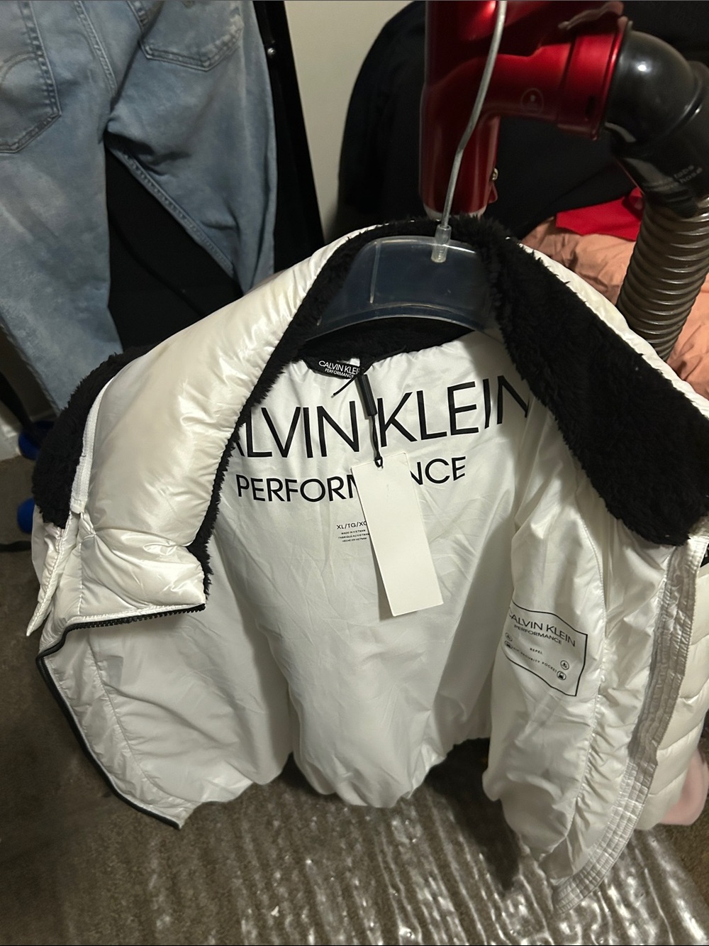 Calvin Klein White Puffer Jacket with Black Faux-Fur Collar
